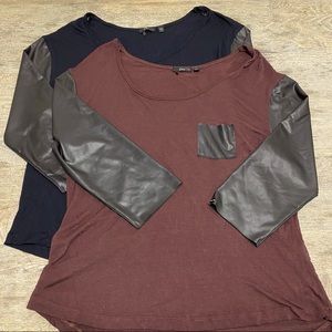 🛍3 /$45 DEX clothing Top 3/4 Faux Leather Sleeve